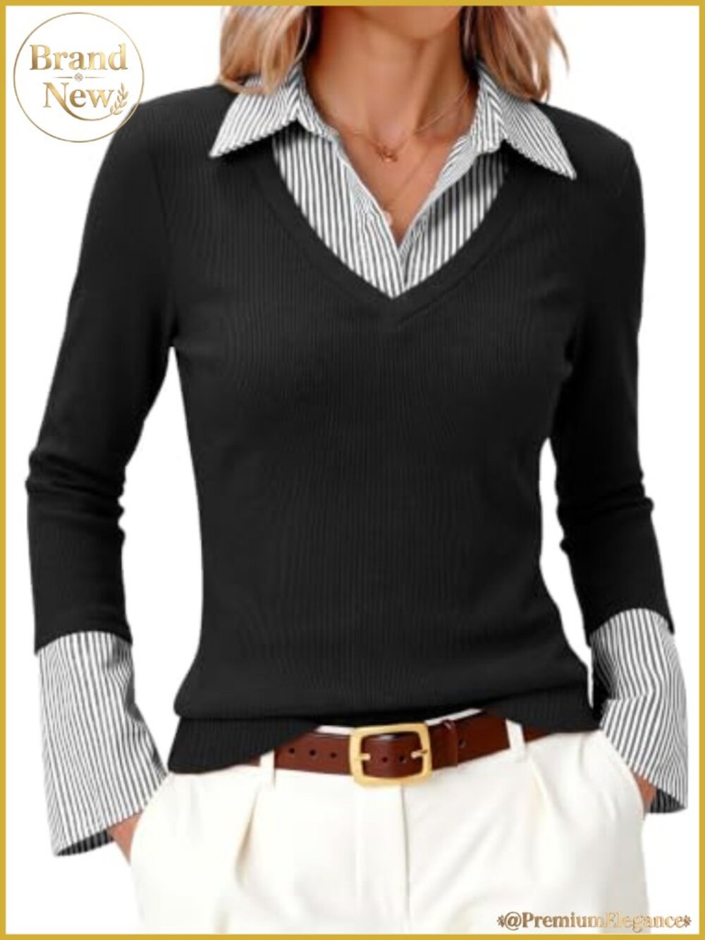 Women's Long Sleeve Striped Collar Ribbed Knit Polo Shirt
